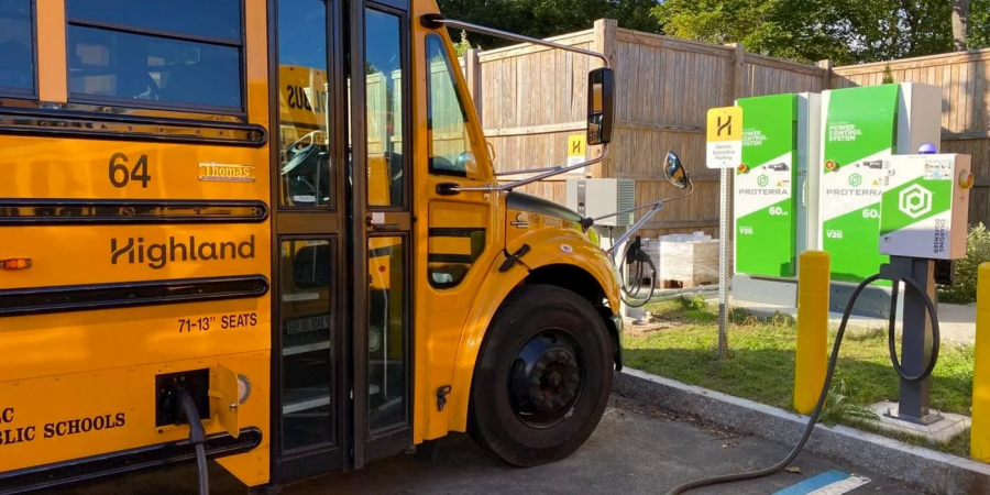 One of Highland’s electric school bus chargers in Beverly, Massachusetts.
