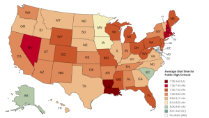 The majority of schools across the US start before 8:00, with especially early times in New England.