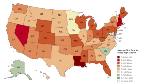 The majority of schools across the US start before 8:00, with especially early times in New England.