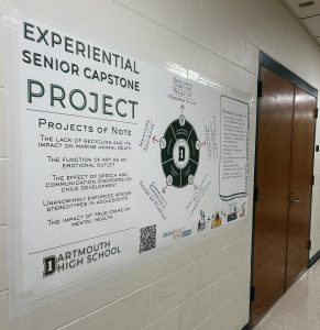 This poster in the English hallway explains the capstone project, outlines its benefits, and provides examples of research topics.